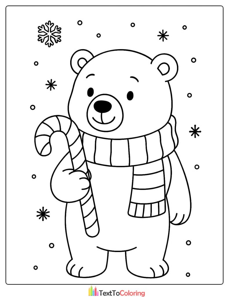 Christmas Coloring Page featuring a happy polar bear wearing a scarf and holding a giant candy cane