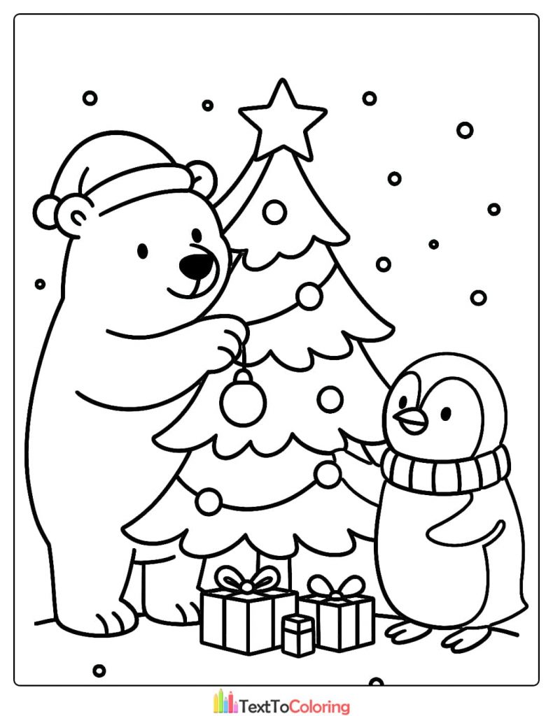 Christmas Coloring Page of a polar bear and a penguin decorating a Christmas tree with ornaments and gifts