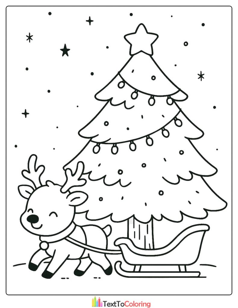 Simple Christmas Tree Coloring Page with Cute Reindeer Pulling Sled