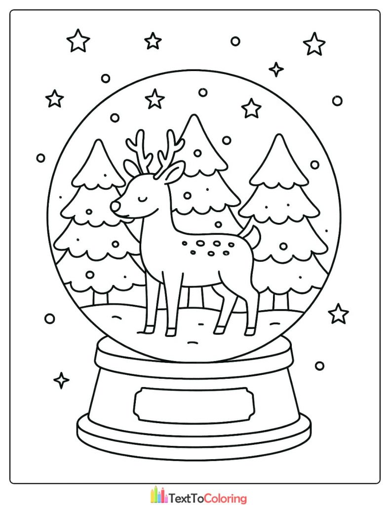 Christmas Coloring Page of a reindeer standing among pine trees in a snow globe
