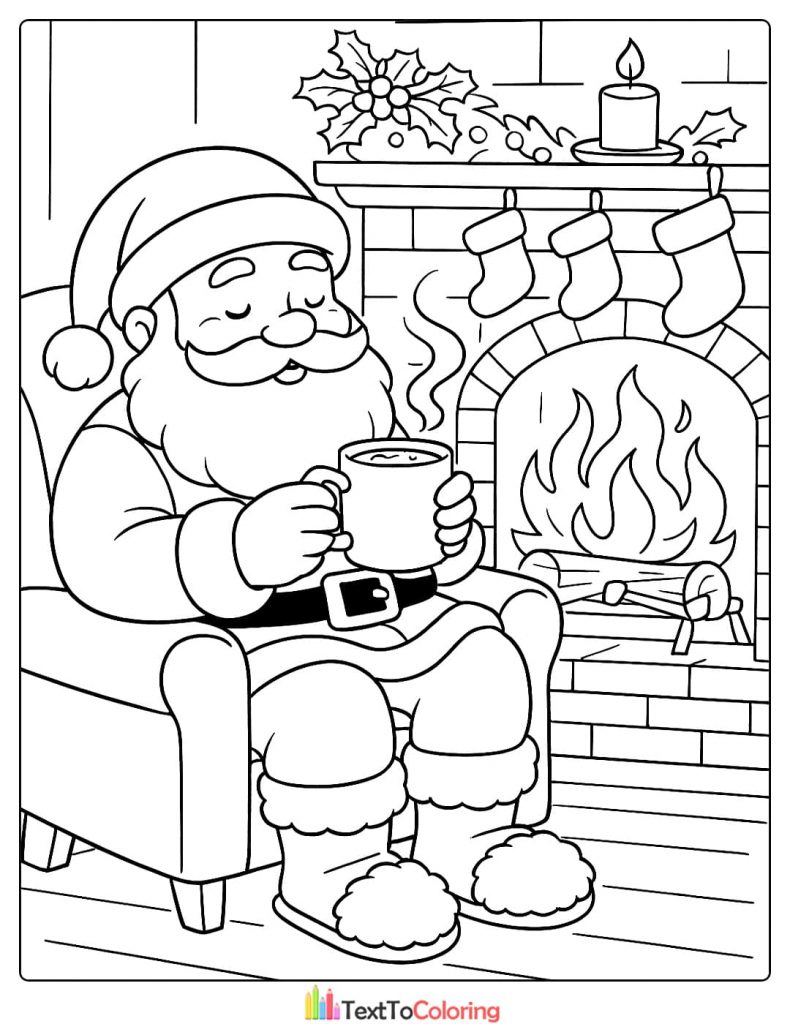 Santa Claus relaxing by fireplace drinking hot cocoa in slippers coloring page