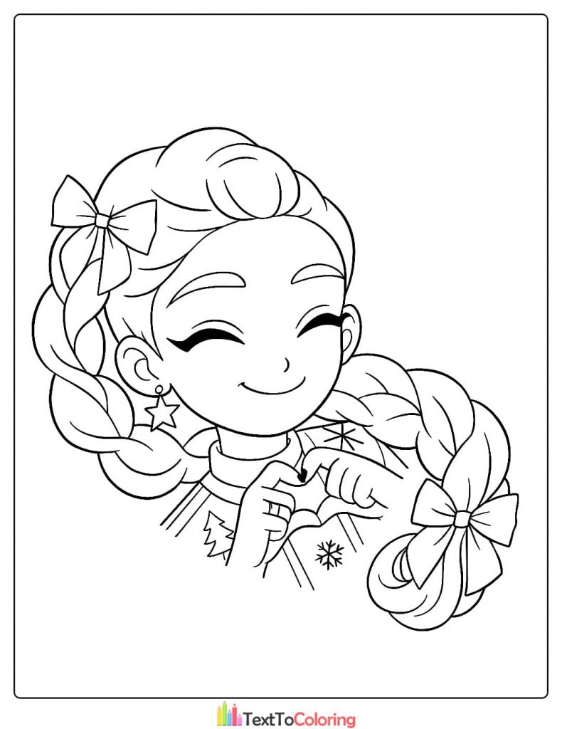 Happy Rumi with braided hair making heart sign Kpop Demon Hunters Coloring Pages