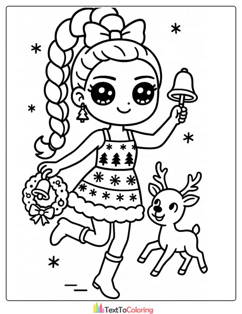 Chibi Rumi ringing bell with reindeer and wreath Kpop Demon Hunters Coloring Pages