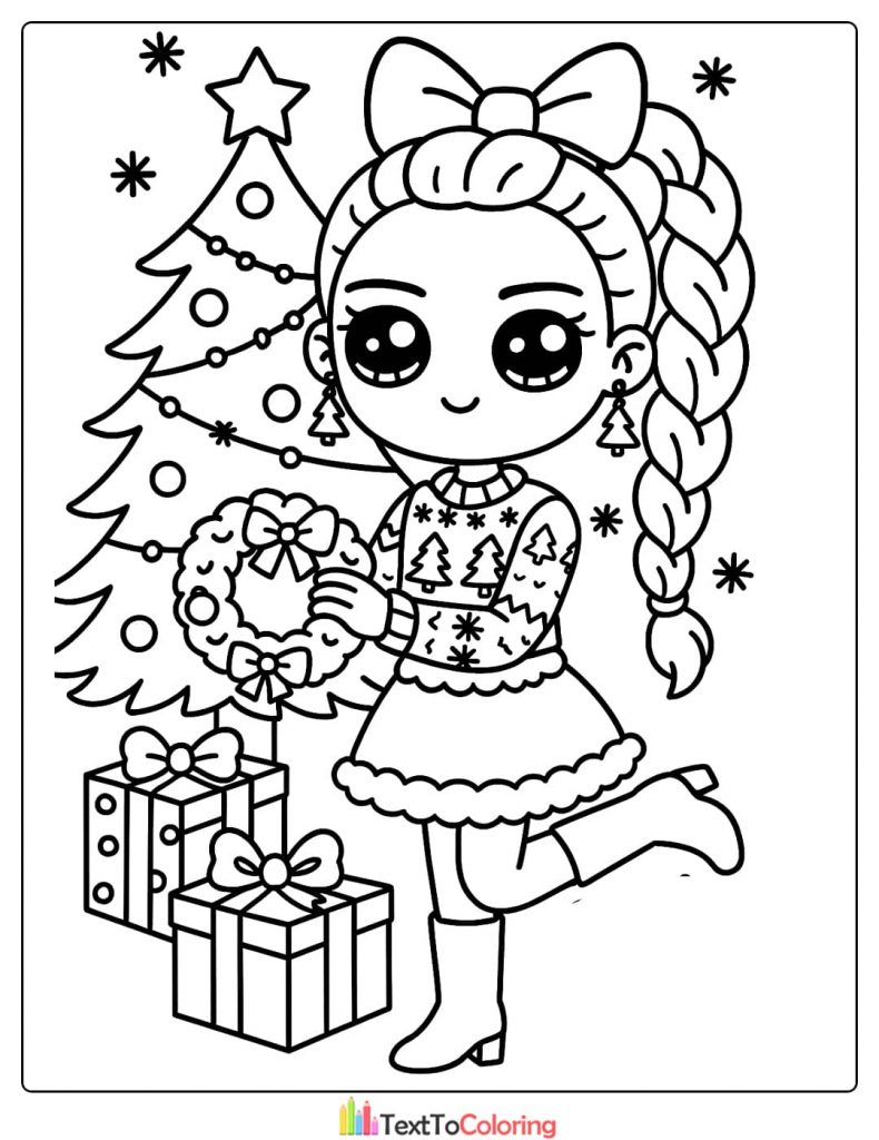 Chibi Rumi holding wreath next to Christmas gifts Kpop Demon Hunters Coloring Pages