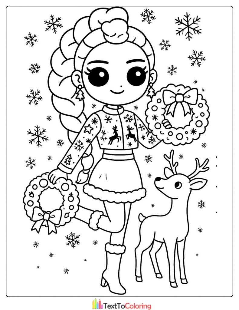 Chibi Rumi with two wreaths and a reindeer Kpop Demon Hunters Coloring Pages