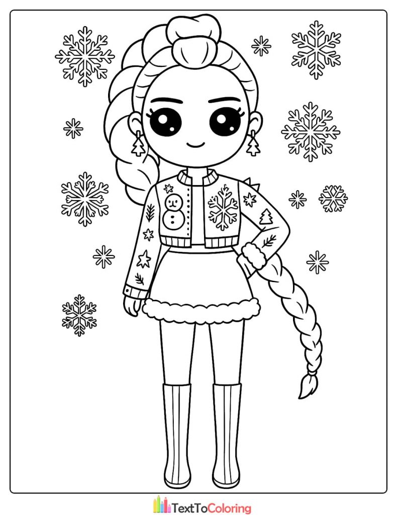 Chibi Rumi in sweater and boots with snowflakes Kpop Demon Hunters Coloring Pages