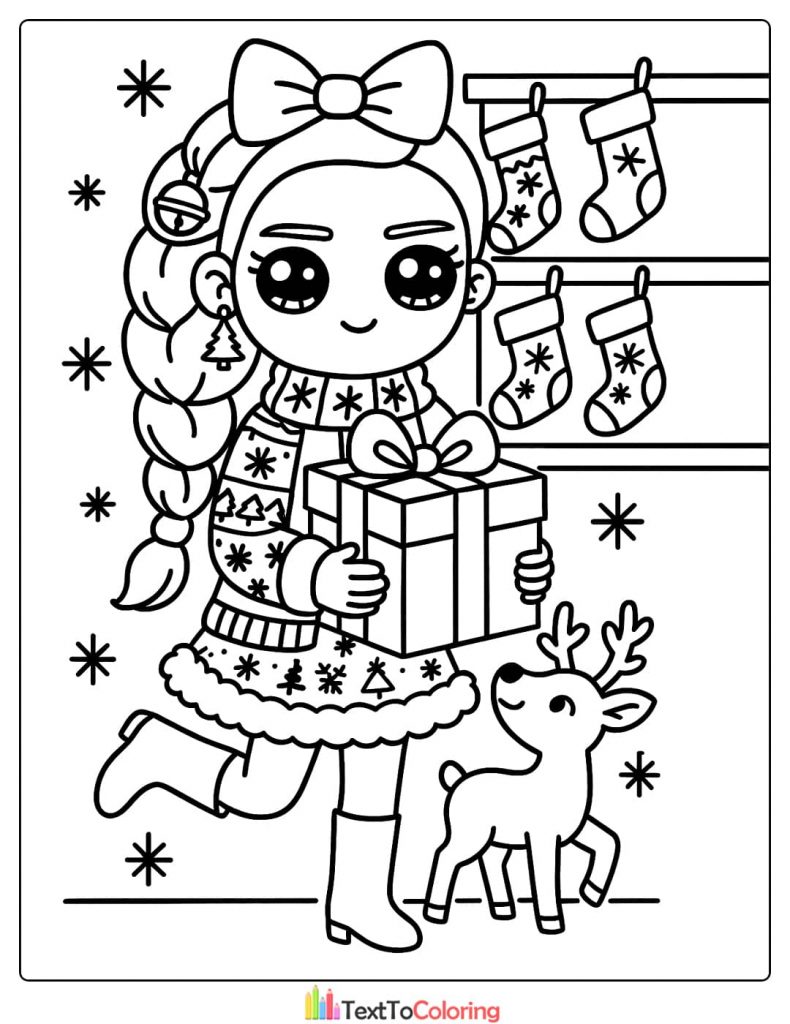 Chibi Rumi with gift reindeer and hanging stockings Kpop Demon Hunters Coloring Pages