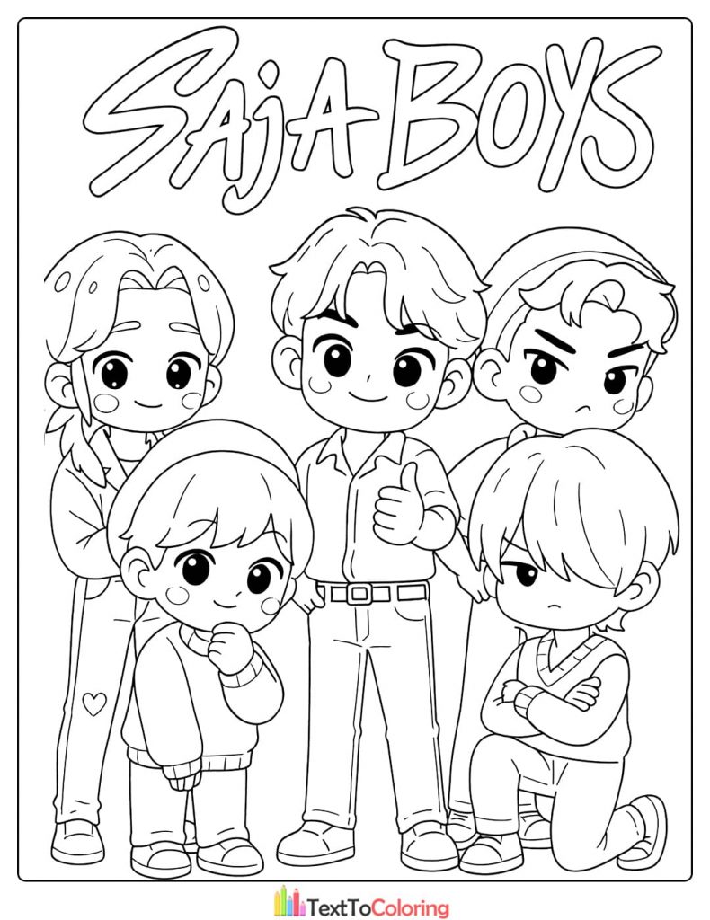 Five chibi Saja Boys Kpop group posing together Coloring Pages