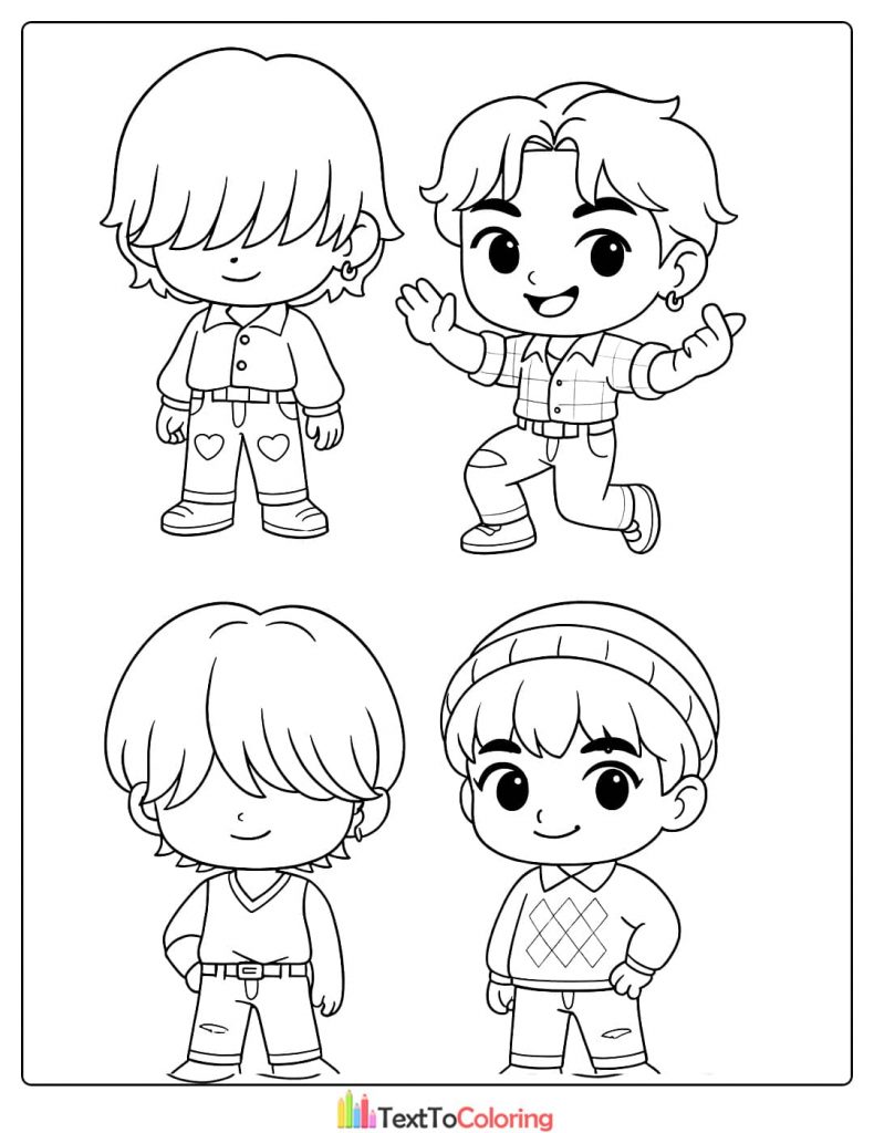 Four chibi Saja Boys Kpop members posing casually Coloring Pages