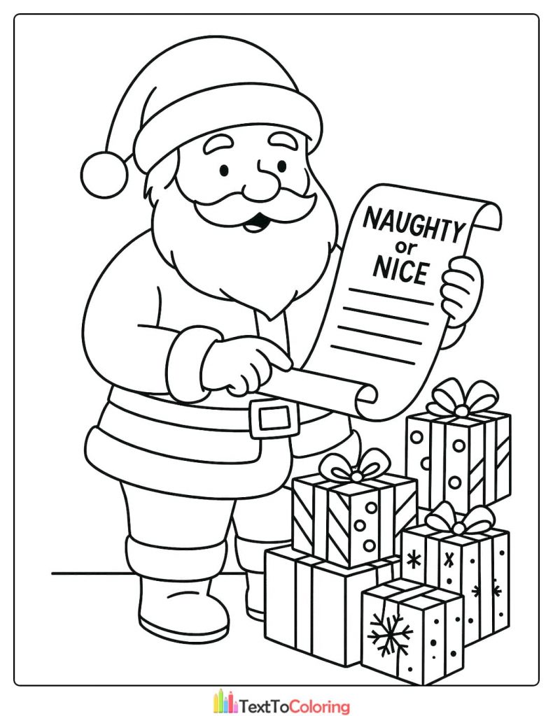 Christmas Coloring Page depicting Santa Claus holding the Naughty or Nice list next to a stack of presents
