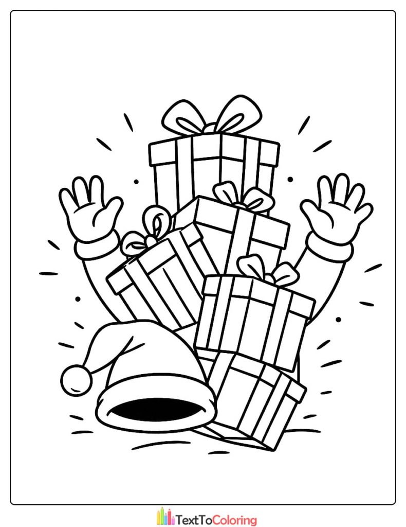 Santa Claus arms and hat sticking out of a huge pile of gifts coloring page