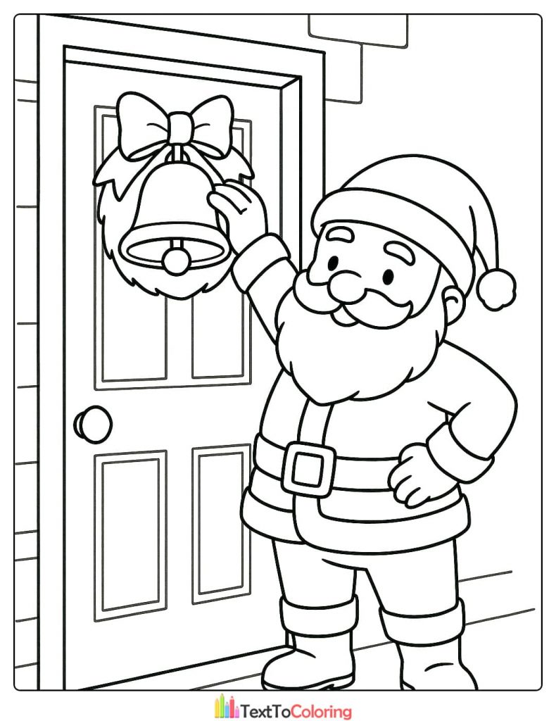 Santa Claus hanging Christmas wreath and bell on door coloring page