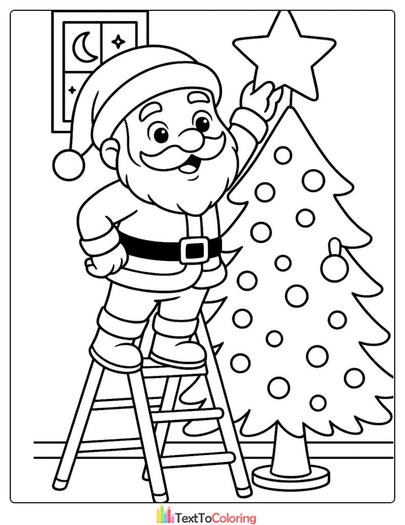 Santa Claus on a ladder putting a star on Christmas tree coloring page