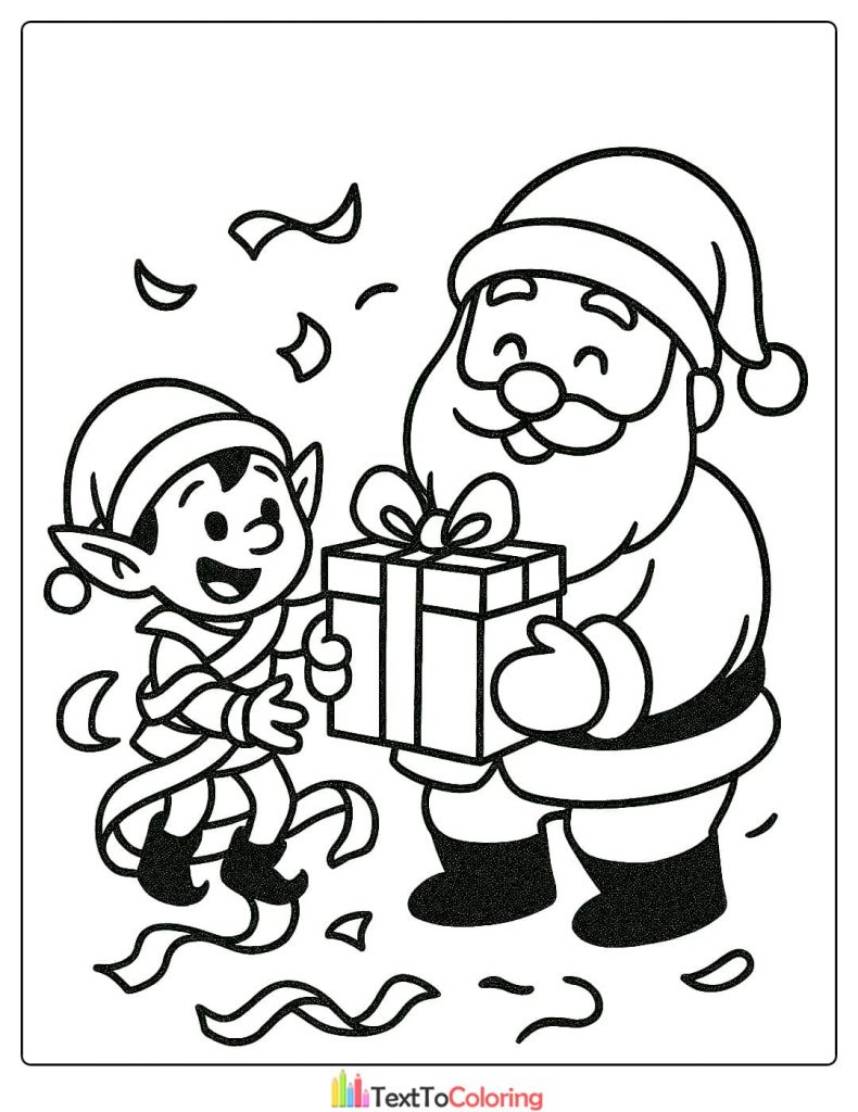 Santa Claus giving a wrapped Christmas gift to a cheerful elf coloring page