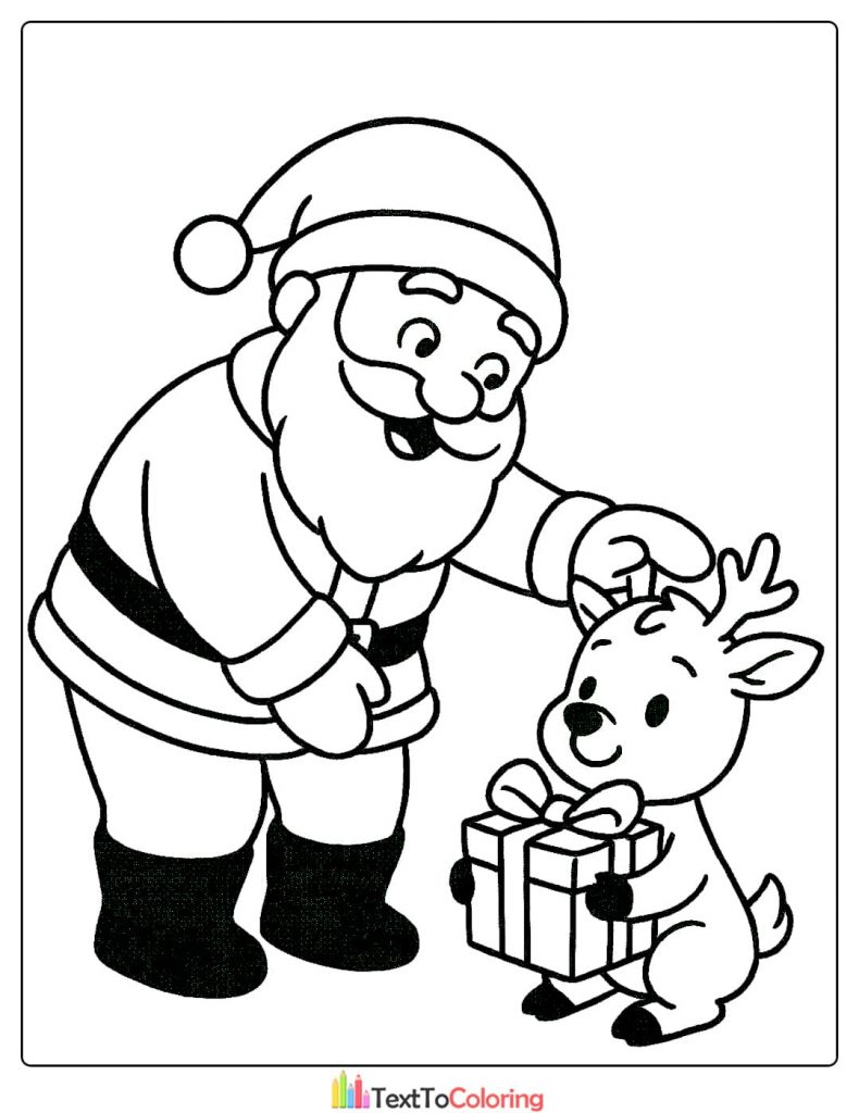 Santa Claus giving gift to baby reindeer coloring page
