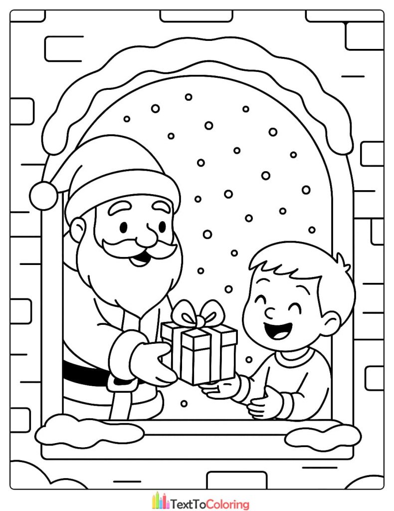Christmas Coloring Page depicting Santa Claus handing a wrapped present to a smiling boy through a snowy window