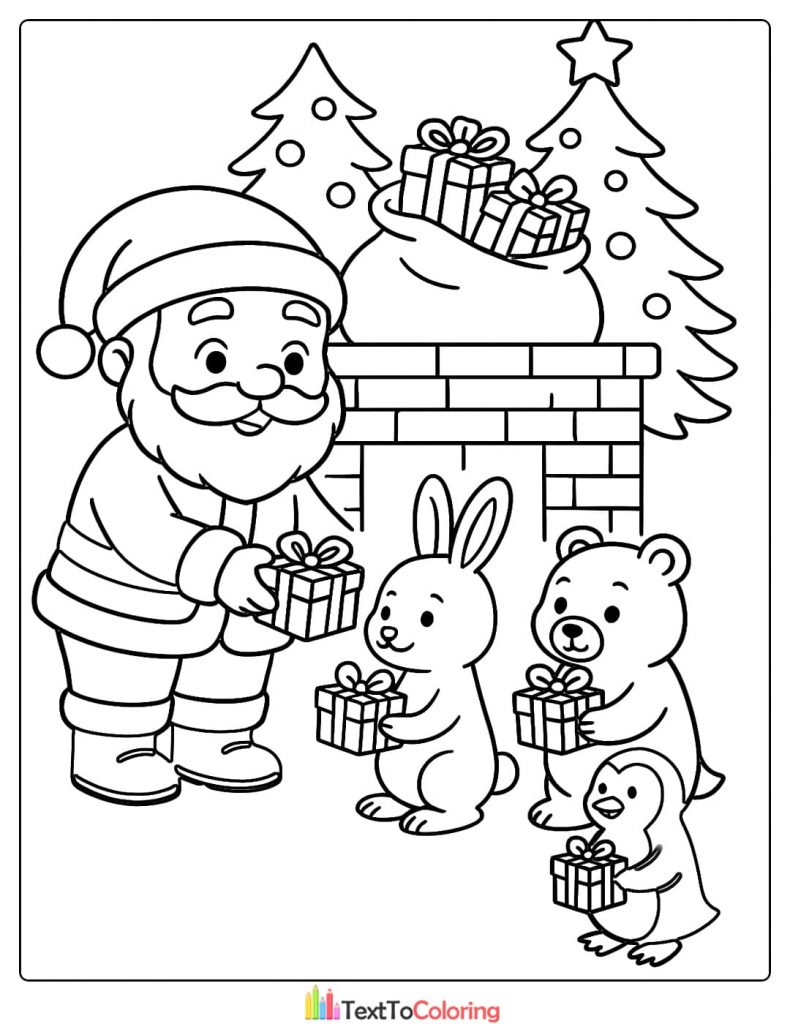 Santa Claus giving presents to a rabbit bear and penguin by a fireplace coloring page