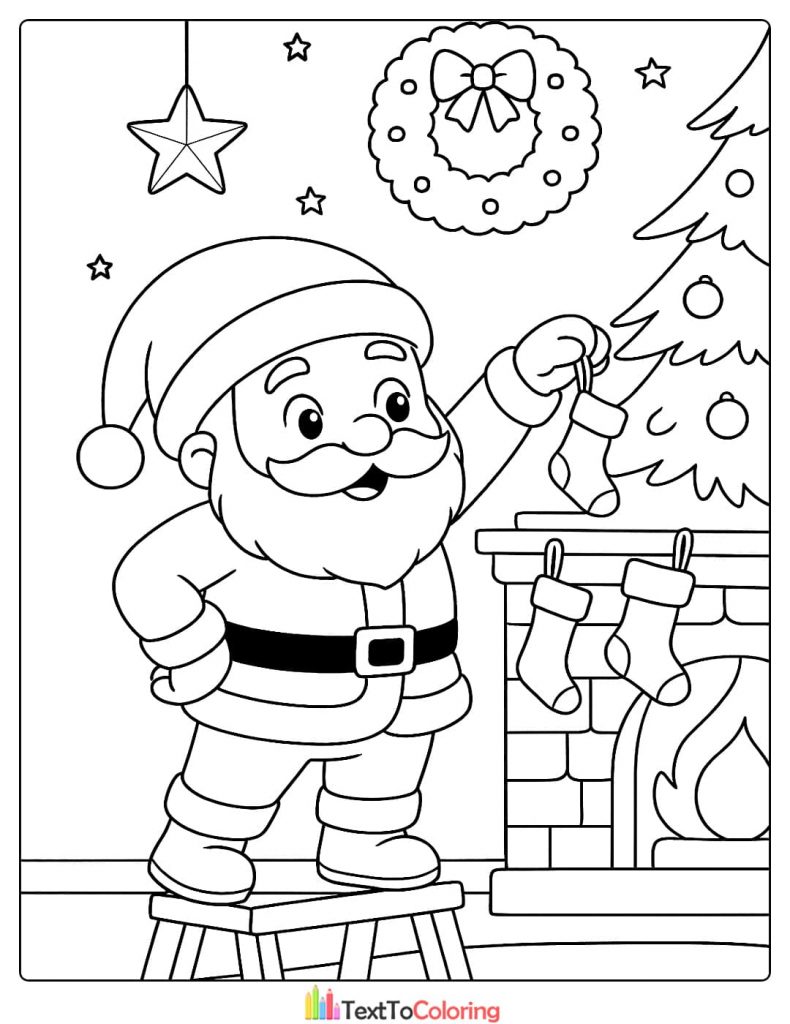 Santa Claus on a stool hanging Christmas stockings on fireplace coloring page