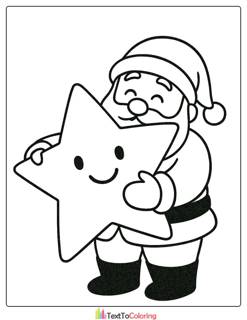 Santa Claus holding a large happy smiling Christmas star ornament coloring page