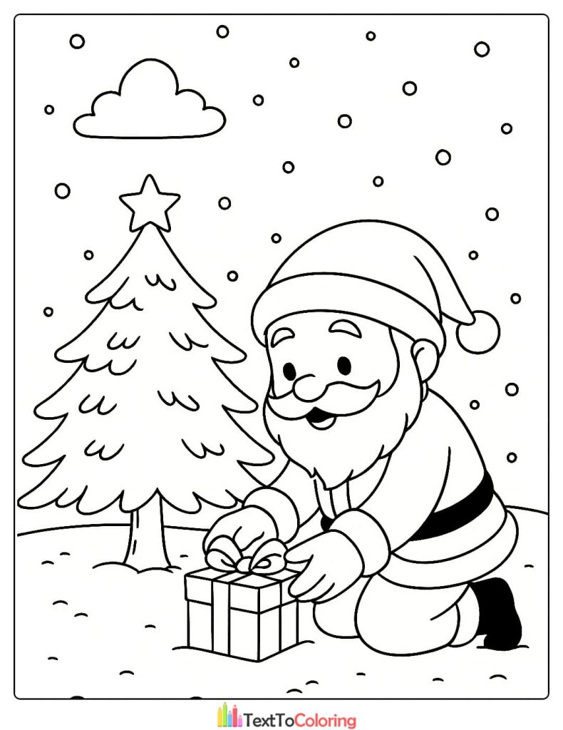 Santa Claus kneeling placing a Christmas present under the tree coloring page