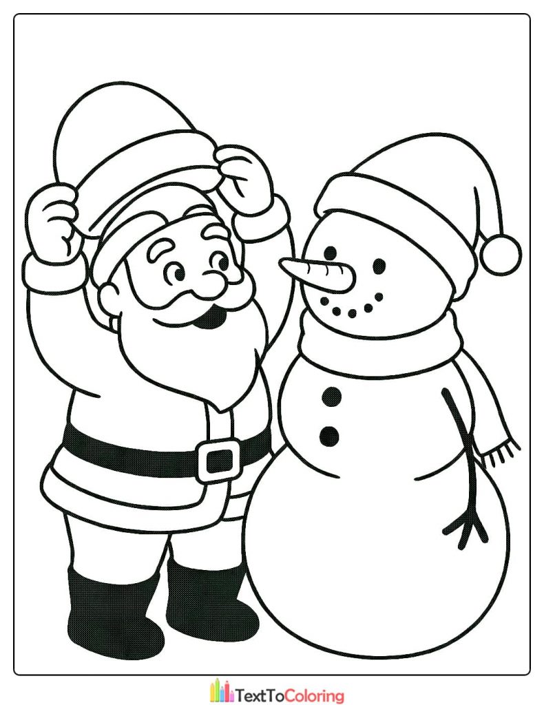 Santa Claus putting his hat on a snowman in a Christmas scene coloring page