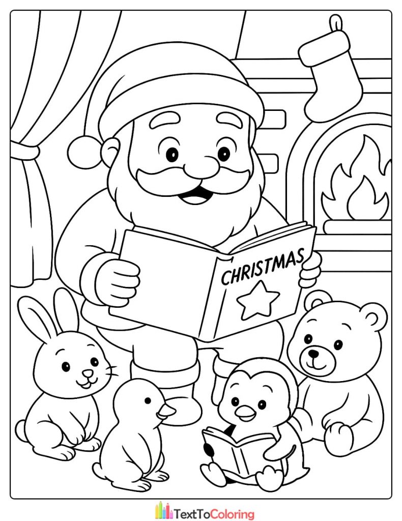 Santa Claus reading a Christmas book to a bunny bear and penguin coloring page