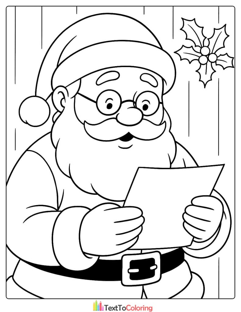 Santa Claus wearing glasses reading a letter or wish list coloring page