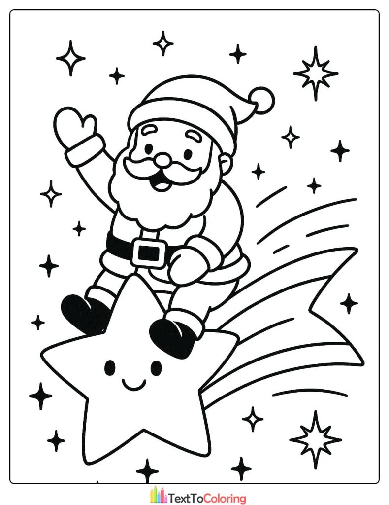 Christmas Coloring Page of Santa Claus waving while riding a smiling shooting star across the sky