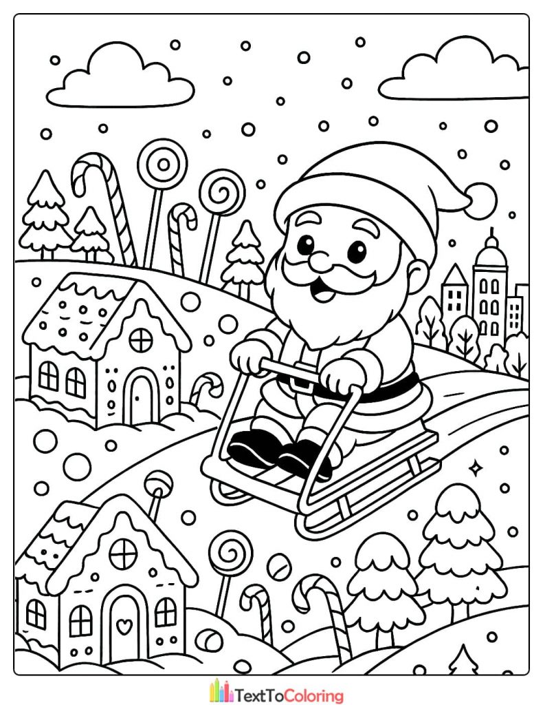 Cute Santa Claus sledding down a snowy hill in Candy Land coloring page