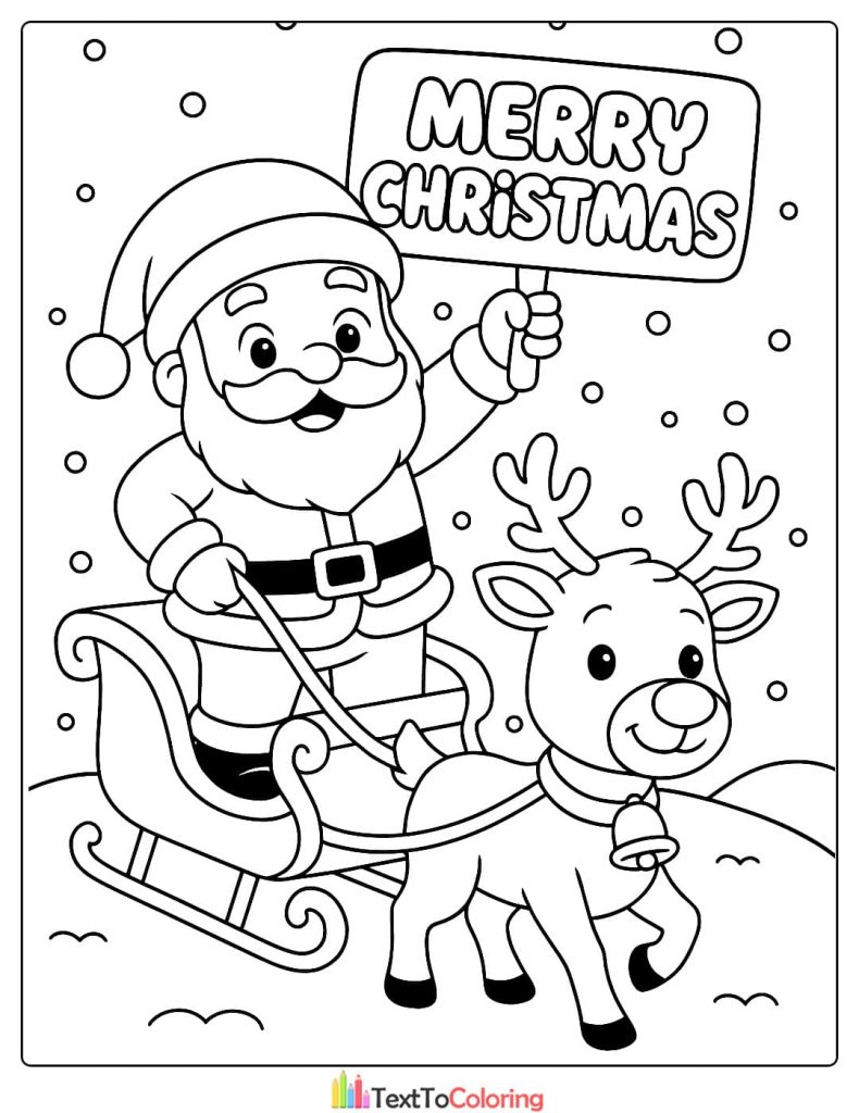 Santa Claus on a sleigh with reindeer holding a Merry Christmas sign coloring page
