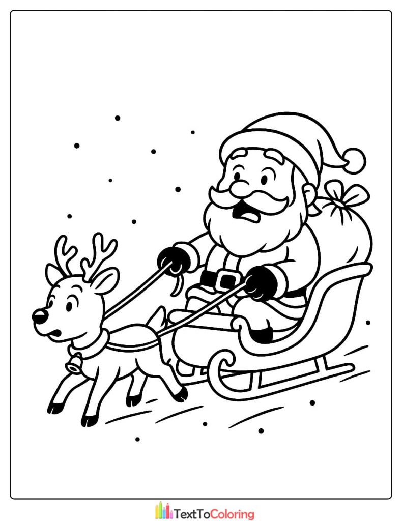 Santa Claus driving his sleigh with one reindeer in the snow coloring page
