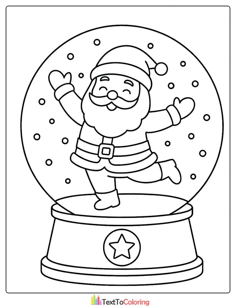 Christmas Coloring Page of Santa Claus happily dancing inside a snow globe