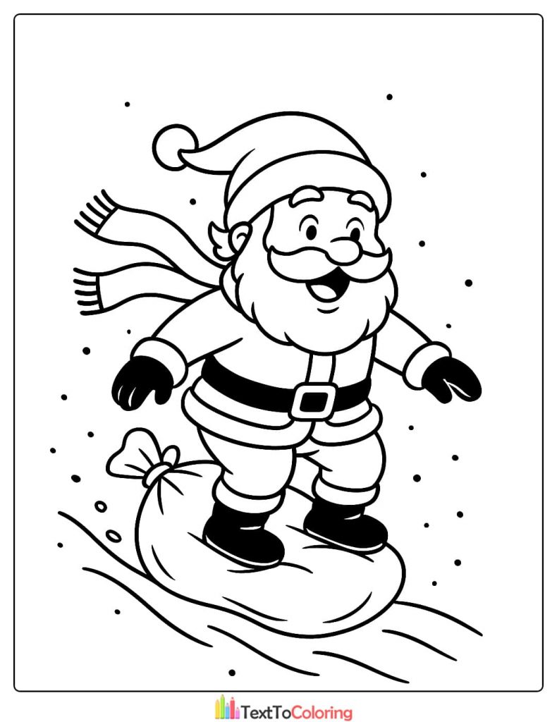 Cool Santa Claus surfing or snowboarding on his sack of gifts coloring page