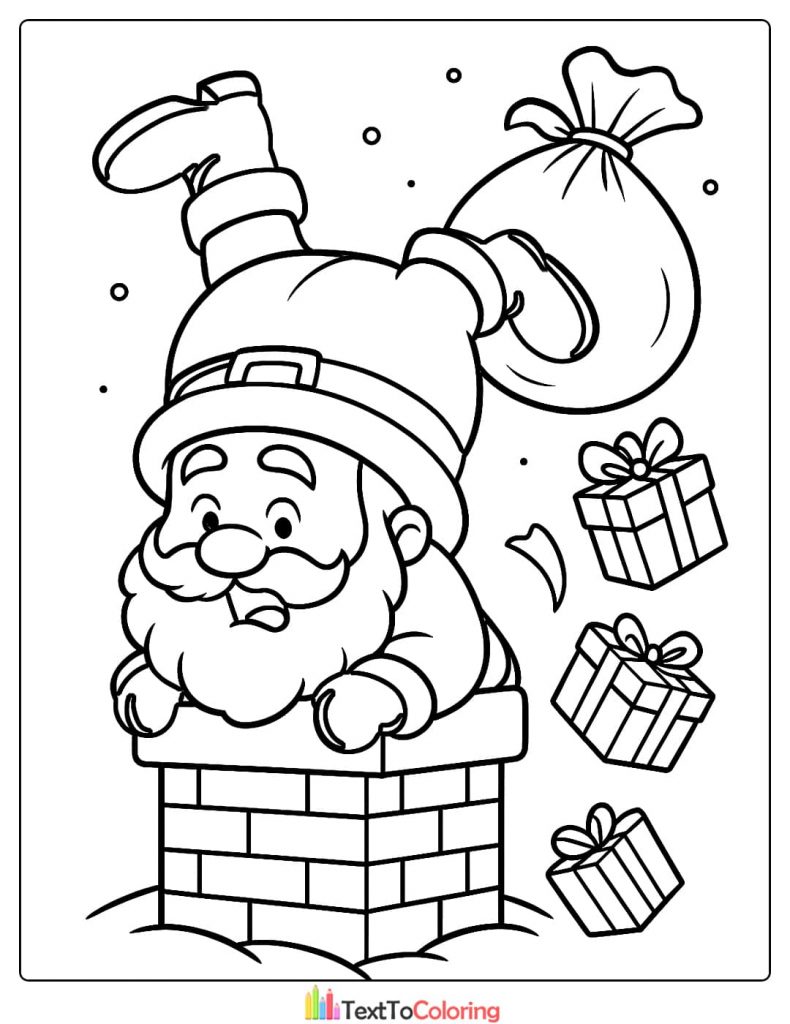 Funny Santa Claus stuck upside down in a chimney coloring page