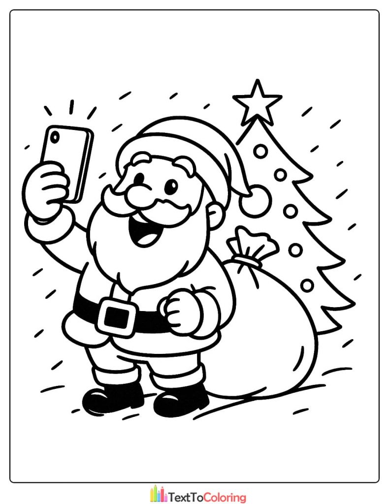 Santa Claus taking a selfie with his sack and a Christmas tree coloring page