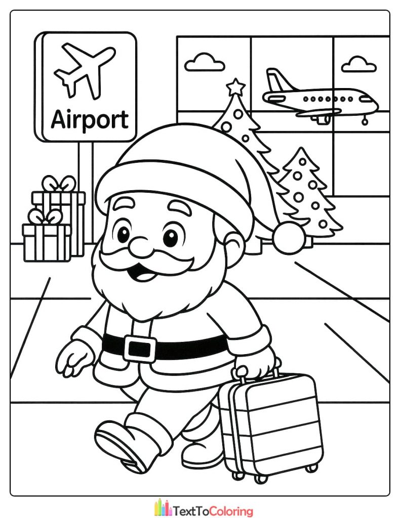 Santa Claus walking in airport with suitcase coloring page