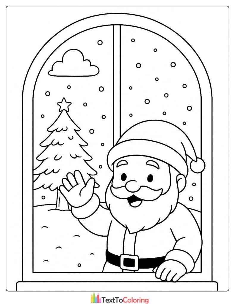Santa Claus waving in a window with snow and Christmas tree outside coloring page