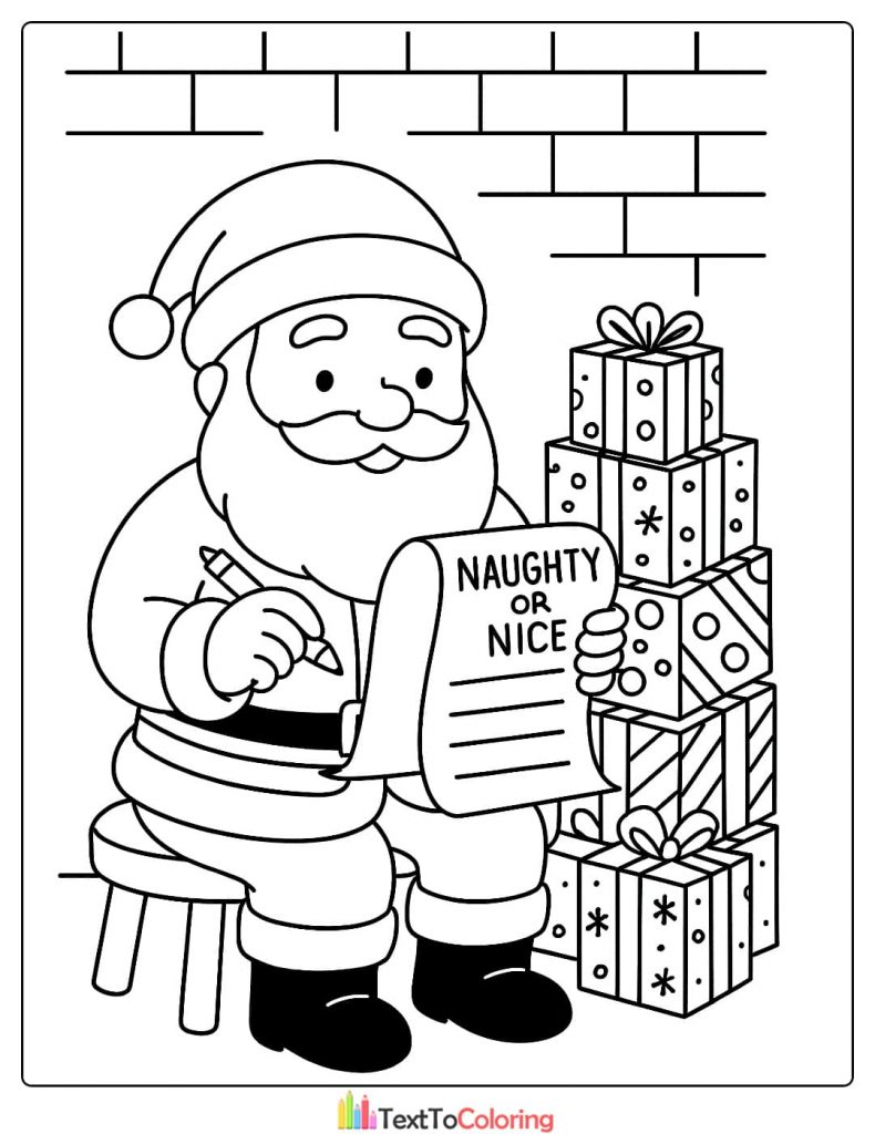 Christmas Coloring Page of Santa Claus sitting by presents writing on the Naughty or Nice list