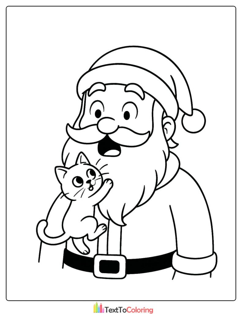 Close up of Santa Claus holding a sweet small kitten coloring page