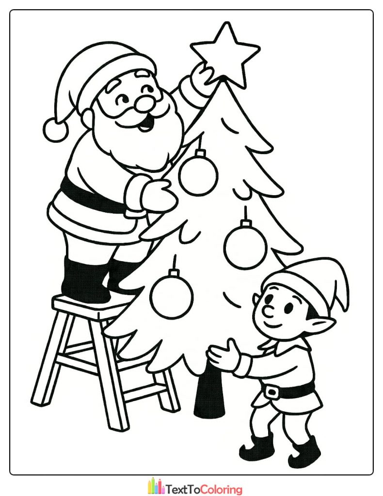 Santa Claus and elf decorating a Christmas tree with ornaments coloring page