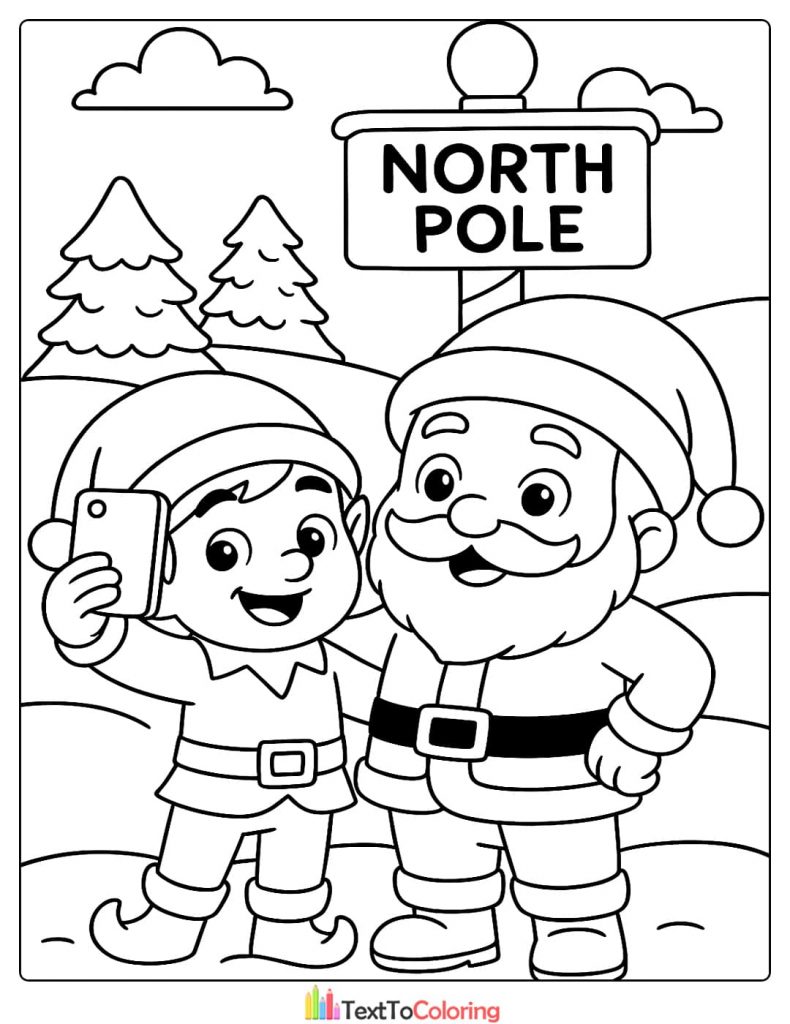 Santa Claus and elf taking a selfie at North Pole sign coloring page