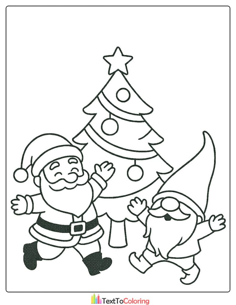 Santa Claus and Christmas gnome dancing in front of Christmas tree coloring page