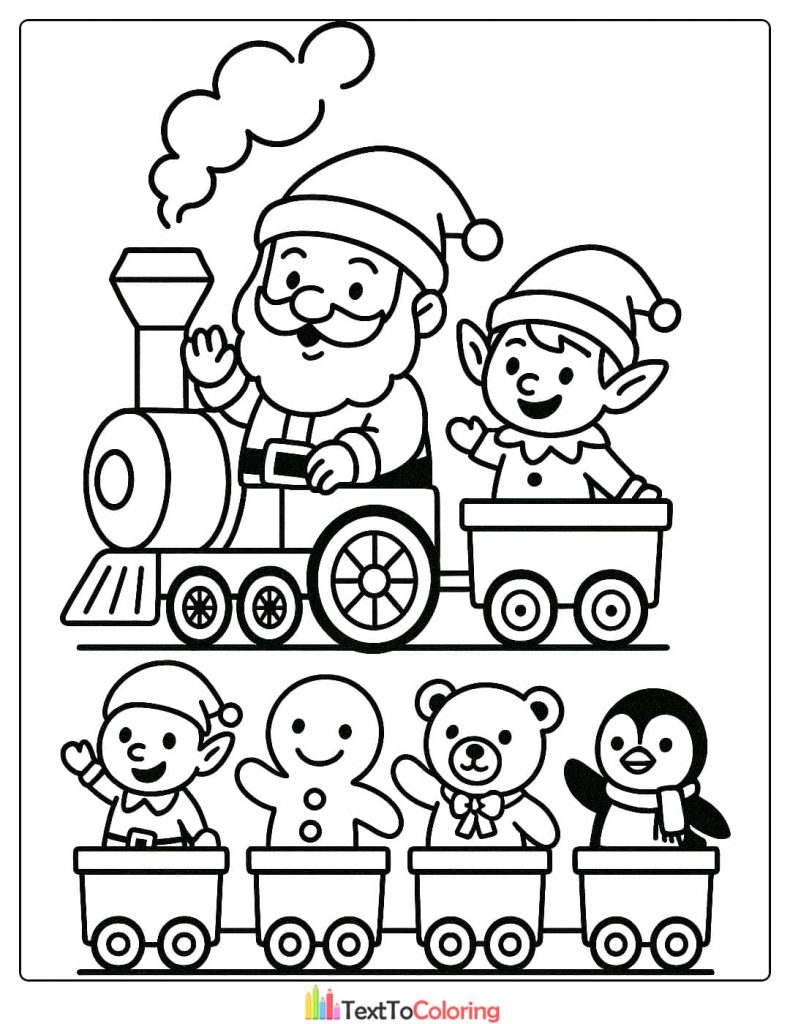 Christmas Coloring Page with Santa and an elf driving a train carrying a gingerbread man bear and penguin