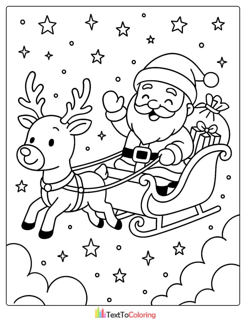 Christmas Coloring Page of Santa Claus waving while flying in his sleigh pulled by a reindeer