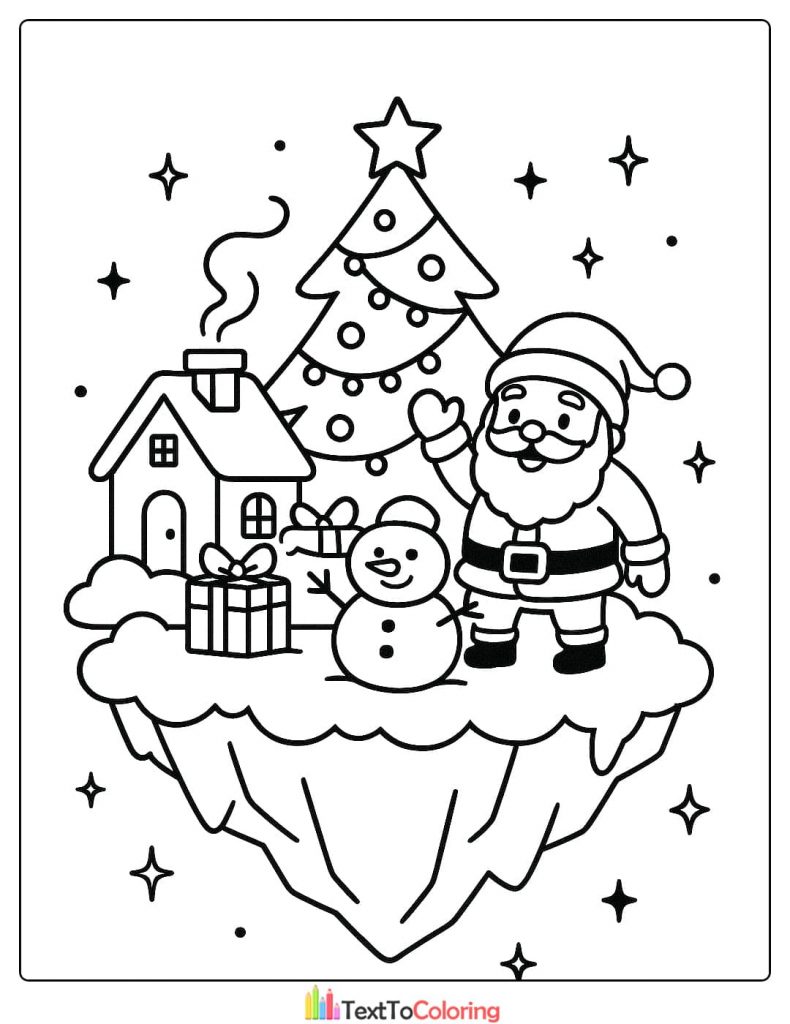 Christmas Coloring Page of Santa Claus a snowman and a cabin on a snowy floating island