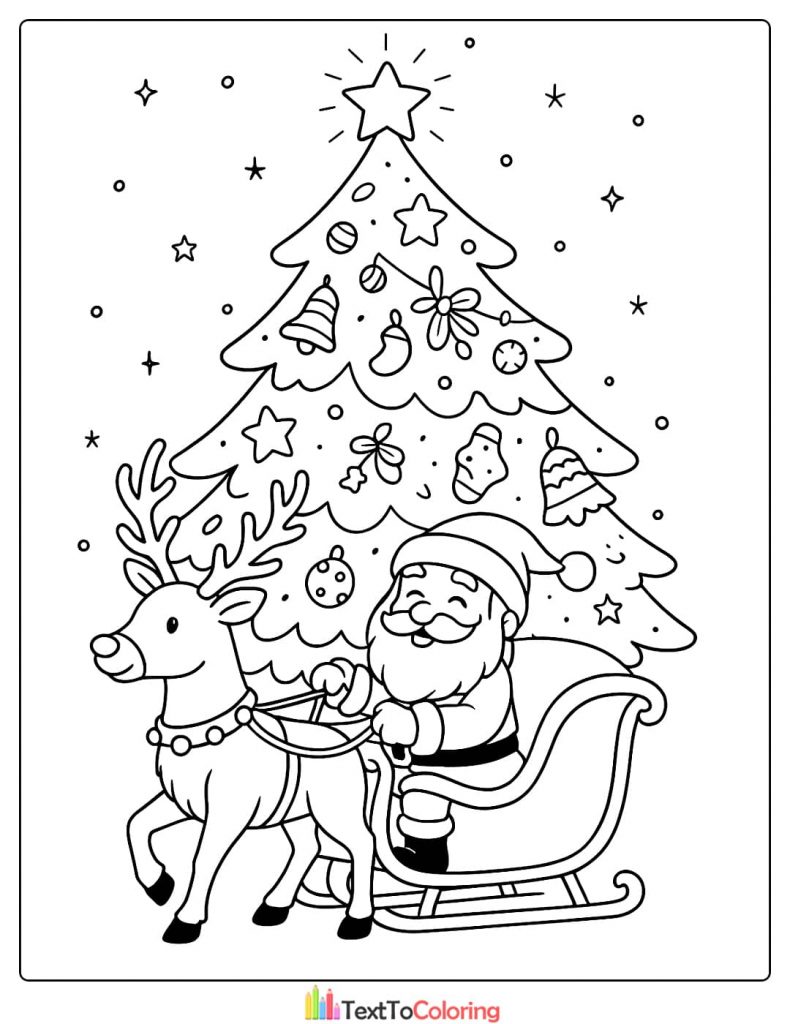 Simple Christmas Tree Coloring Page with Santa Claus Reindeer Sleigh
