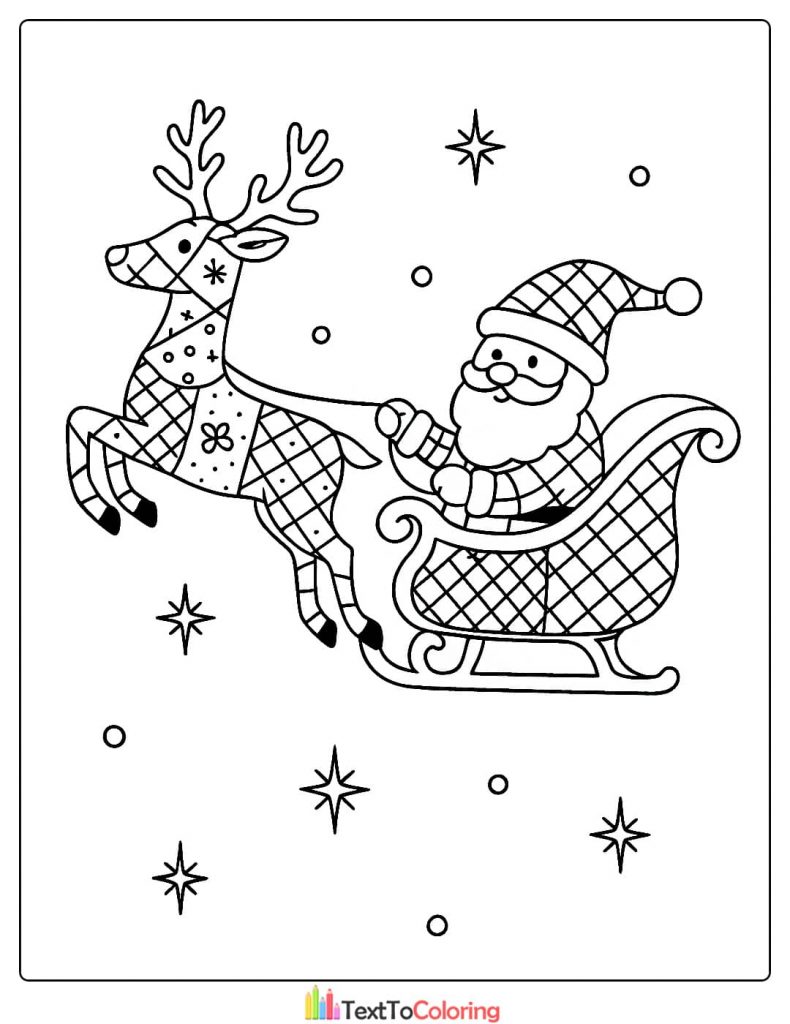 Santa Claus riding in a sleigh pulled by a patchwork reindeer coloring page