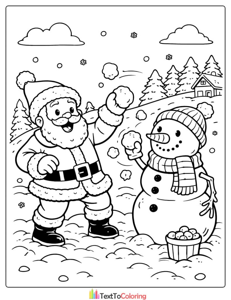 Santa snowman snowball fight coloring page