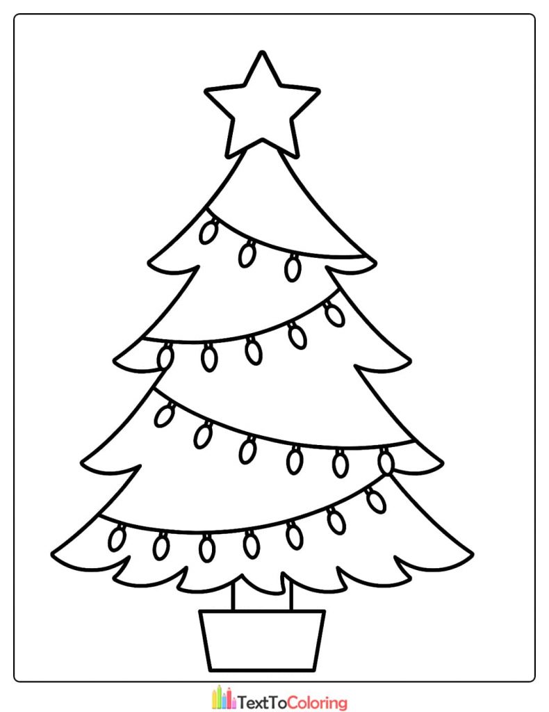 Basic Christmas Tree Coloring Page with String Lights in a Pot