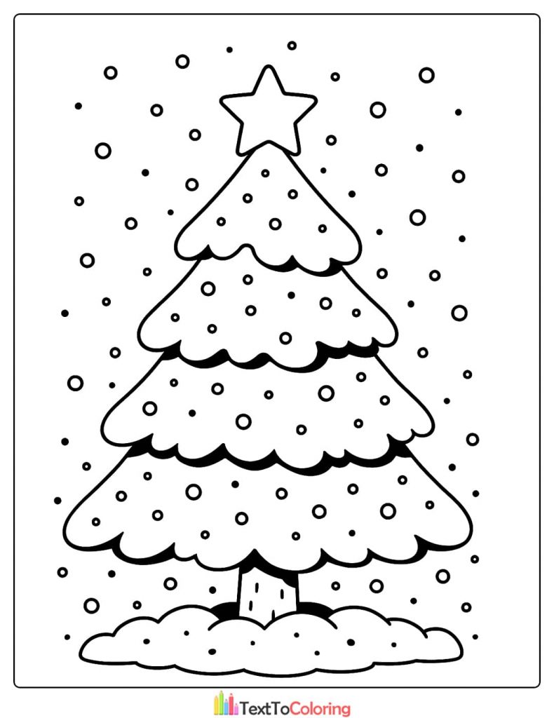 Easy Christmas Tree Coloring Page with Snowflakes for Toddlers